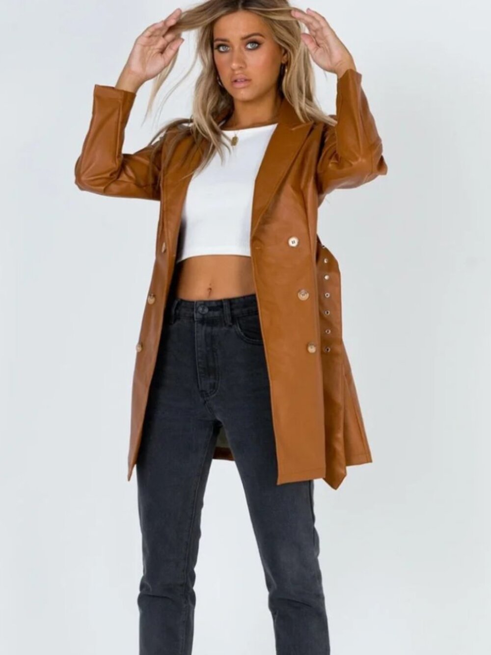 Princess Polly Brown Faux Leather Belted Trench Coat - S/M - Picture 2 of 7